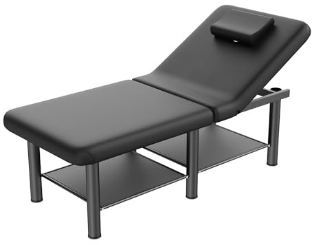 Folding Stationary Massage Table with Backrest and Storage Space for Treatment Table Physical Therapy Table Spa Facial Bed, 6 Round Legs Metal Frame PU Leather, 30.5'' Wide × 75'' Long - Black