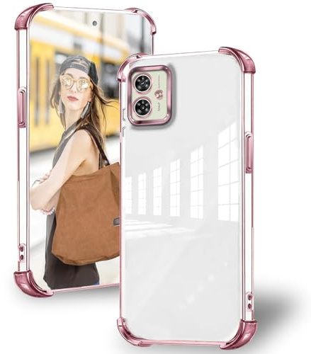 DESSEN Funda para Motorola Moto G54 5G con Protector Lente Camara & Esquinas Reforzadas Antigolpes Carcasa Silicona Transparente Móvil Case Suave TPU Antiamarilleo, Rosa