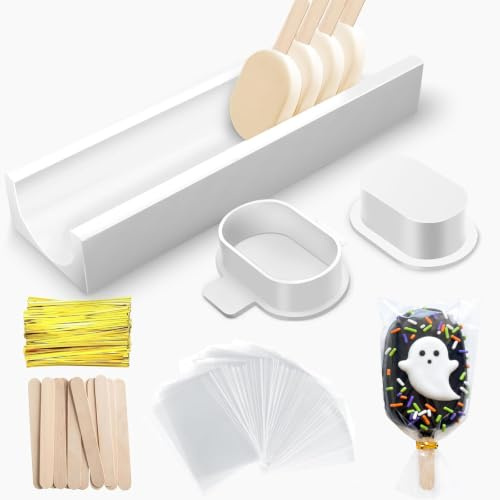 Entrirolly 3 Inch Cakesicle Cutter and Cake Pop Mold Set with 8.7in Tray, 100 Wooden Sticks & 100 Bags, Silicone Cakesicle Mold for Homemade Cake Pops, Baking, Birthdays and Party Desserts (White)