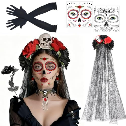 Nepturion Dia de los Muertos Haarreif Schleier, Karneval Haarreif und Schleier Gesichtstattoo, Mexikanische Stirnband Kopfschmuck Rosen Totenkopf, für Fasching Karneval Halloween Cosplay