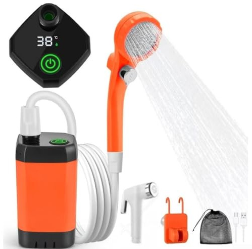 ZAMETTER Camping Shower Kit LCD Display 5 Water Pressure Levels 4 Spray Modes Portable Car Shower Kits Battery Operated Portable Shower System for Outdoor Activity(8000mah 5 gears)