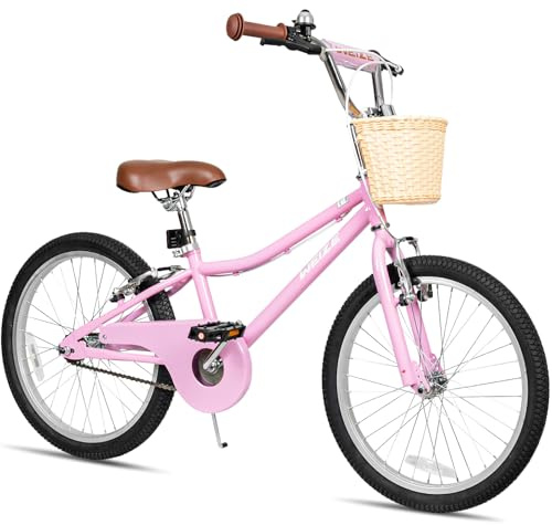 WEIZE Girls Bike for 6-12 Years Old, 20 Inch Kids Bike with Basket and Kickstand, Retro Style Childrens Bicycle for Teen Girls, Lightweight Steel Frame,Pink