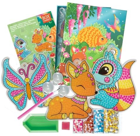 BOX CANDIY Woodland Sun Catchers Art Set for Kids – DIY Suncatcher Kit | 3 window boards, suction cups, coloured gems & storage box, creative activity