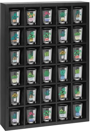 AGJIDSO Shot Glass Display Case, 30 Slots, Holder Wall Mounted, Solid Wood Shadow Box with Removable Shelves, Shot Glass Storage Case, Black