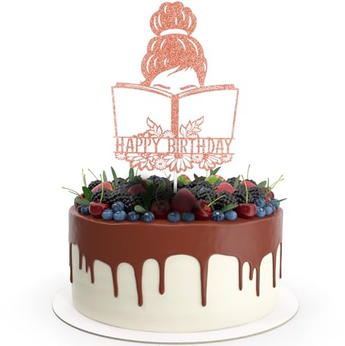 Kuchendekoration für Mädchen, Motiv: Happy Birthday, Rotgold, Buchliebhaber, Kuchendekoration, Buchclub, Geburtstagsparty, Dekorationen, Glitzer, Cupcake-Topper, Jubiläumsdekoration, Zubehör für