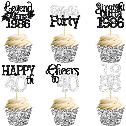 Gyufise 24Pcs Happy 40th Birthday Cupcake Toppers Hello Forty Legend Since 1986 Cupcake Picks Cheers to 40 Years Cake Decorations for 40th Birthday Anniversary Party Supplies Black Silver