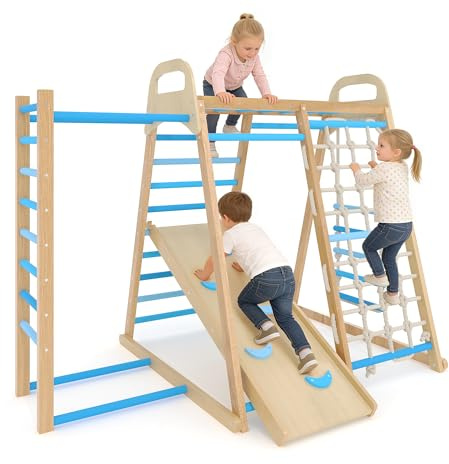 LuyFuitre 7-in-1 Wooden Jungle Gym, Indoor Kids Climbing Playset for Toddlers