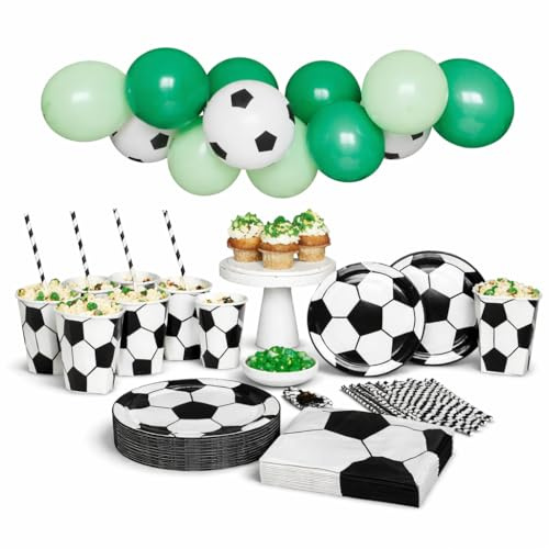 Juego de fiesta de fútbol - Juego de vajilla de cumpleaños 60 piezas para 20 invitados - Platos, vasos, toallas, pajitas, cajas de palomitas y globos - Tema de fútbol