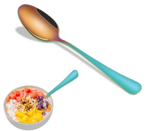 Juego de 8 cucharillas de 6,7 pulgadas (aprox. 16,9 cm), coloridas cucharas de postre, cucharas de cocina pequeñas y cucharas para café de acero inoxidable con acabado arcoíris.