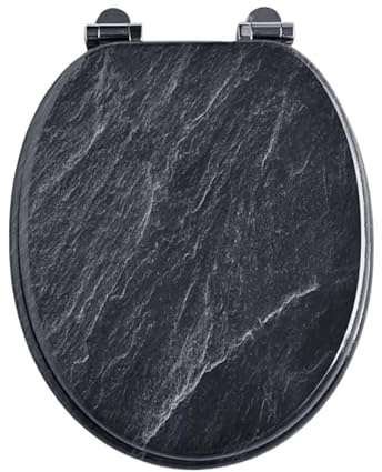 SINOBATH WC-Sitz Schwarz Matt mit Absenkautomatik, Klodeckel O-Form aus stabilem MDF, Toilettendeckel mit Edelstahlscharnieren, Soft-Close & Geräuschlos（Marble Stone）