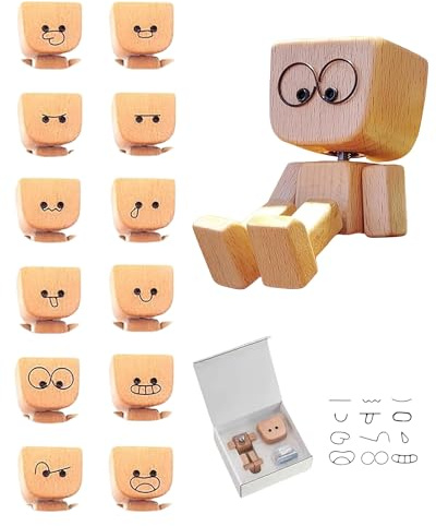 Thapncow Schüttelnde Holzmann-Figur, Handgefertigter Wackelmännchen mit 12 Magnetischen Gesichtsausdrücke Home Auto Deko Geschenke,Auto Ornamente