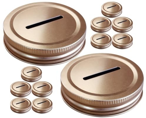 SHERCHPRY 12pcs 70mm Light Gold Tinplate Mason Jar Lids Leakproof Coin Slot Covers for Money Saving Banks and Canning Replacement Caps