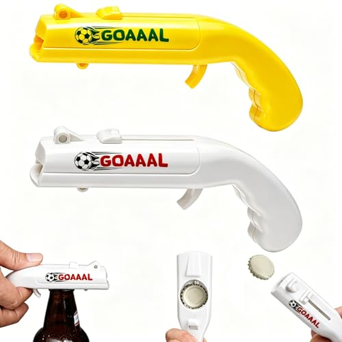 2 Stück Cap Gun Flaschenöffner Pistole, Lustige Schuss Flaschenöffner, Suffkanone Flaschen-öffner mit Schussfunktion, Lustig für Party, Bar & Home Shooter Kronkorken Spiele（Gelb, Weiß）