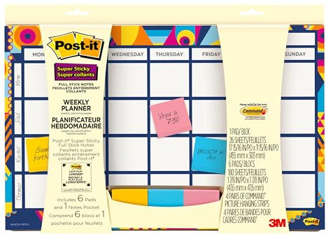 Post-it Weekly Planner with Post-it Super Sticky Full Adhesive Notes, 17-15/16 in x 11-15/16 in, Help Organize and Keep Track of Daily Events, Gradient Watercolor (730-CAL-GRDNT)