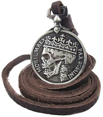 ODETOJOY Halskette mit klassischem Skelett-Anhänger, braunes Echtleder, Steampunk-Anhänger, Schmuck für Herren