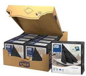 Tork 478726 Linstyle Premium Dinnerservietten Schwarz / Servietten stoffähnlich / 1-lagig / Premium Qualität / 12 x 50 (600) Airlaid Servietten / 39 x 39 cm (B x L)
