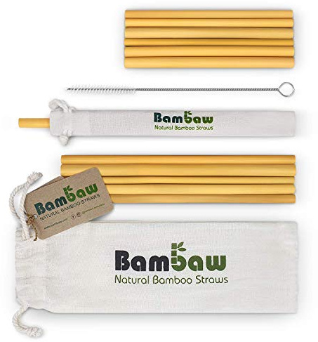Bambaw - 12 pajitas de bambú ecológicas, biodegradables y reutilizables, fabricadas a mano en Bali, incluye un cepillo de limpieza y una bolsa de almacenaje, 13&22cm