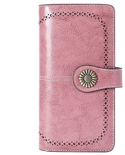 KELEEL Damen RFID-blockierende Geldbörse aus echtem Leder Clutch Brieftasche Kartenhalter Organizer Damen Geldbörse …, Pink, 7.6 x 1.37 x 4.1 inch, Reißverschluss + Druckknopfverschluss +