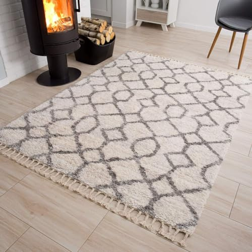 TAPISO Versay Teppich Shaggy Creme Grau Boho Fransen Hochflor Langflor Modern Geometrisch Zig Zag Streifen Wohnzimmer Schlafzimmer ÖKOTEX 80 x 200 cm