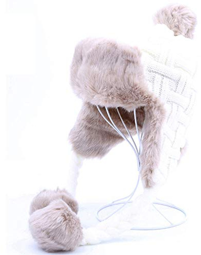Herren Winter Fliegermütze Frauen Trapper Hüte Winter Warme Bomber Hut Mützen Russische Ushanka Strick Pom Pom Ohrenklappen Aviator Caps-White