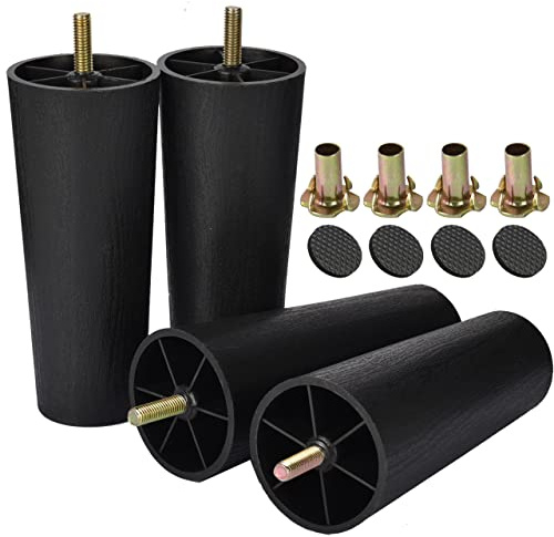 Btowin 6 inch Plastic Tapered Furniture Legs with M8 Bolts, 4Pcs,Black | High-Density Plastic with Black Wood-Grain Finish. Hardware Included for Easy DIY Install on Sofa, Couche, Cabinet & Chair