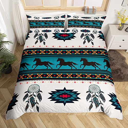 Bettwäsche-Set mit Pferdemotiv, Western-Bettwäsche-Set, Boho-Traumfänger, Azteken-Bettbezug, für Jungen und Mädchen, Kinder, Cowboy, Cowgirl, Schlafzimmer, Dekoration, böhmisches einheimisches