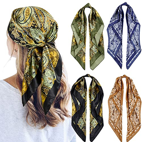 QBSM 4 st 35 tum satin huvudscarf silke känsla hals halsdukar hårsjal för att sova stor fyrkantig huvudduk för kvinnor, Matta med blommor, L