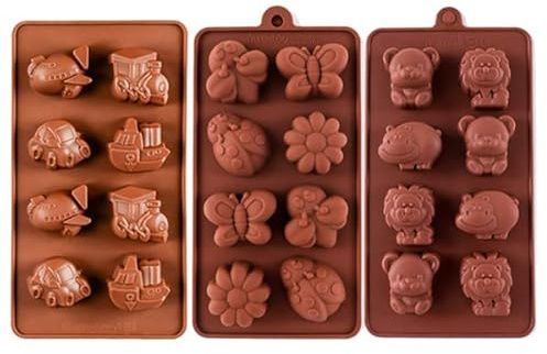 Selecto Bake Cartoons Auto 3 Stück Silikon Schokoladenformen Insekten, Tiere und Auto Zug Schiff Flugzeug Form Backform-Set für Süßigkeiten, Gelee, Eiswürfel und Seife