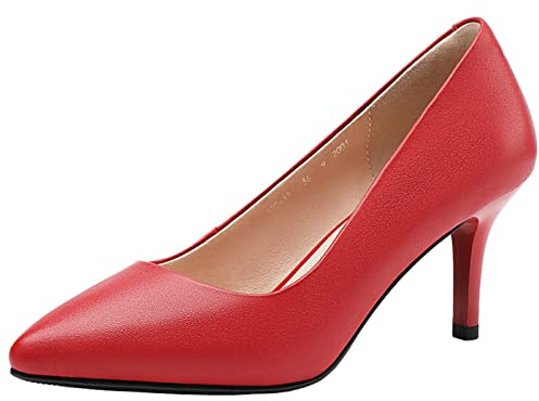 Jamron Donna Vera Pelle 7CM Tacchi a Spillo Elegante Decolletè Scarpe a Punta Scarpe da Ufficio Rosso SN602C015-2 EU39.5