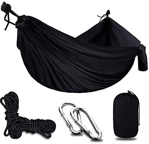Hängematte Outdoor, Leichte Reisehängematte, Atmungsaktiv Doppelhängematte 200kg Traglast für Rucksacktouren, Camping, Wandern und Strandabenteuer,Schwarz