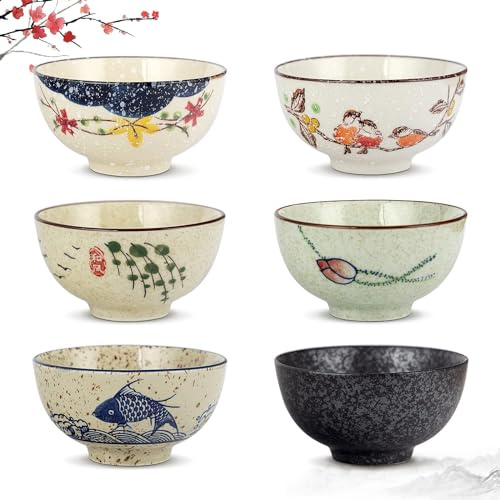 clothmile 4.5 Inch Japanese Retro Rice Bowls Set of 6 Japanese Style Hand-Painted Floral Plum Ceramic Bowls for Cereal, Soup, Dessert, Snack, Fruit, Salsa for Xmas Holiday Present
