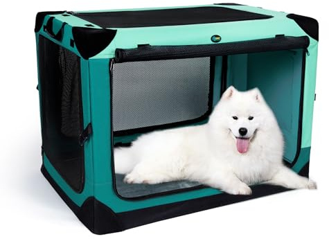 Ownpets 4-türige Faltbare Hundekiste, tragbare Haustierkiste mit starkem Stahlrahmen für Hunde und Katzen, abnehmbare weiche Innen- und Außenzwinger，L