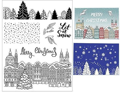 arriettycraft Transparente Weihnachtsstempel für Karten oder Tagebücher, Weihnachten, Stadthaus, Hintergrund, Wald, Baum, Schneefall, transparente Silikonstempel für Karten, Tagebücher, Scrapbooking,