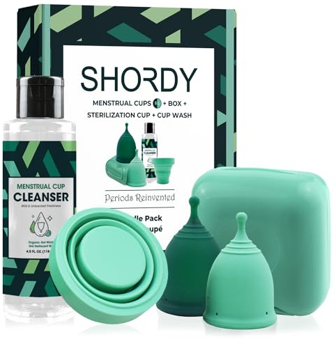 SHORDY Menstrual Cup Beginners Kit, Menstrual Cup PH Balanced Gel Cleaner Wash, Collapsible Sterilizer Cup and Silicone Period Cups (Small & Large), an Alternative to Tampons, Pads and Disc for Women