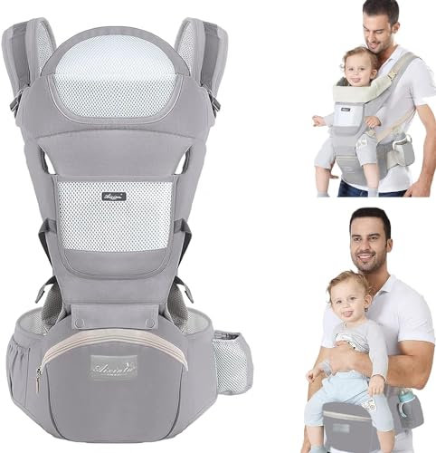 TOFFCAEA 6-in-1 Babytrage Neugeborene, Babytrage Ergonomische Reine Baumwolle Leicht, verstellbarer Sitz, für Neugeborene von 3 bis 36 Monate (3,5 bis 20 kg)(Hellgrau Taillenumfang 71-130cm)