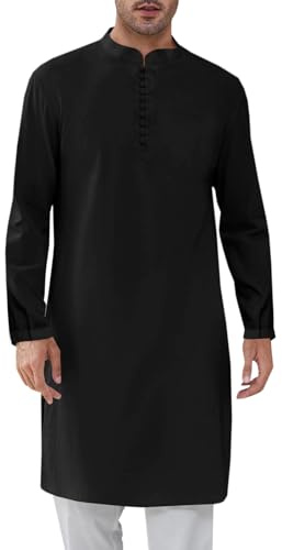 Runcati Mens Kaftan Thobe Button Down Henley Shirts Robe Long Sleeve Casual Cotton Linen Muslim Gown Shirt Black