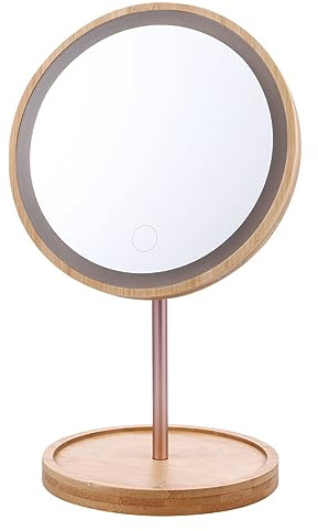 FRCOLOR Led Kosmetikspiegel Holz Rund 90° Schwenkbar Hochauflösend Mit Dimmfunktion Für Schlafzimmer Schreibtisch Zubehör
