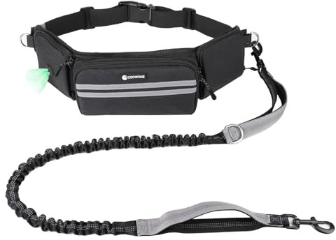 Einziehbare Hundeleine mit zwei Bungees für Hunde, verstellbarer Hüftgurt, Bauchtasche mit weichen Polstern zum Gehen, Wandern, Radfahren und Laufen, Schwarz, 1 Leine