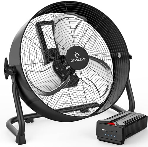 Airvention 15600mAh Rechargeable Battery Operated Floor Fan, 12 inch Black Industrial High Velocity Drum Fan, Camping Fan for Gym Garage Outdoor Indoor, AI-F600