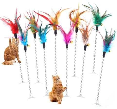 SHTGOI Interaktives Katzenspielzeug Angel Teaser Stab Katzen Spielzeug Federspielzeug Katzen Federstab Katzenangel mit Saugnapf Glockenspielzeug für Kitten Selbstbeschäftigung