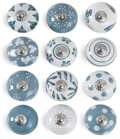 Shah Crafts. Ceramic Knobs- Multi Color Mix Designed Ceramic Cupboard Cabinet Door Knobs Drawer Pulls & Chrome Hardware (Set 10 ; Grey & White)