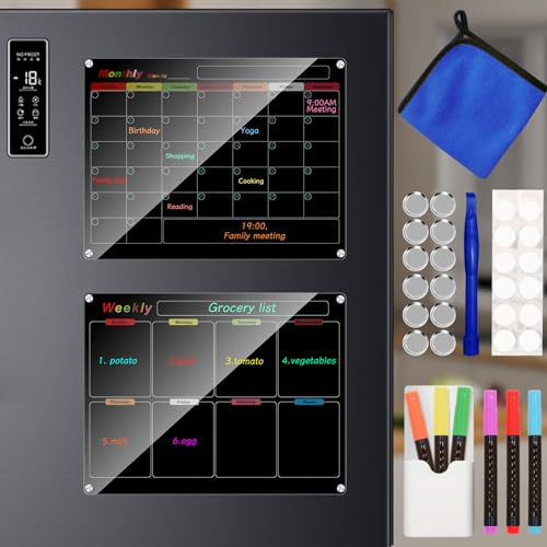 Acryl magnetischer Kalender für Kühlschrank, 2-Pack 33x25cm/13x10inch schwarz Kühlschrank Kalender, Trocken Erase Planungsbretter, Monatsplaner und Wochenplaner