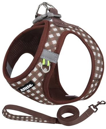 AIITLE No Pull Hundegeschirr und Leine Set, Step-in Hundegeschirr aus weichem Mesh, reflektierend für extra kleine Welpen und Katzen, Kariertes Hundewestengeschirr für Haustiere, Schokolade, XXS