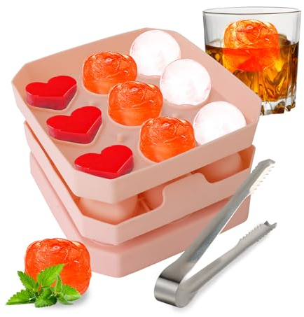 ZUYIST 2 Stück Eiswürfelform Silikon Mit Deckel, Ice Cube Tray, Rose Herz Kugel, Mini 3D Eiswürfelformen, Staubdichte Eiskugelform Für Cocktails Bier Obst