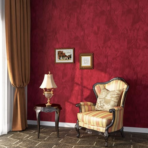ReWallpaper Peel and Stick Wallpaper Red 44.5cmx7m Velvet Fabric Wallpaper Dark Red Retro Textured Wallpapers Hallway Felt Flock Lining Paper for Wall
