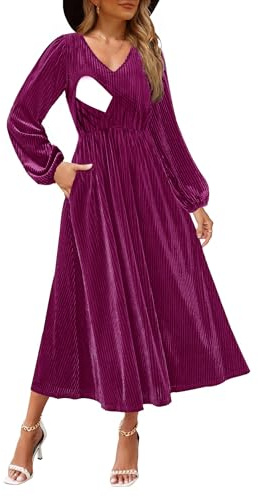 CzzzyL Women's Long Sleeve Nursing Dresses for Breastfeeding V Neck Velvet Flowy A Line Ruffle Wedding Guest Long Dress with Pockets(Voilet,Medium)