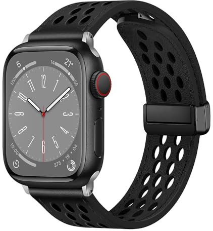 Leder Armband mit Magnetverschluss - kompatibel mit Apple Watch Ultra/Ultra 2/SE/Series 1-9 (49/45/44/42mm, Schwarz)