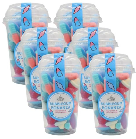 Bonds of London Bubblegum Bonanza Pick 'N' Mix Cups, 255 g (Pack of 6) | Retro Jelly Sweets & Flying Saucers
