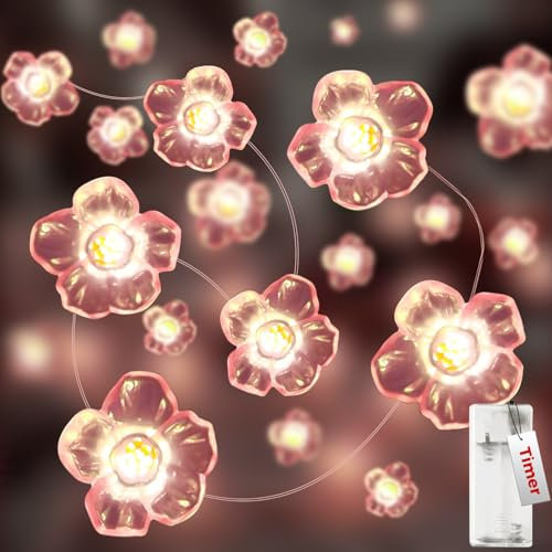 kolpop LED Lichterkette mit Blumen, 2m 20 Led Kirschblüten mit Timer, Dekorative Lichter für Innen und Außen, Batteriebetriebene Frühling Deko für Party Schlafzimmer Weihnachten Hochzeit