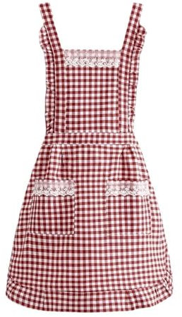 Delantal Antiincrustante y Ajustable, 77x79 cm Delantal de Moda con Bolsillos, Delantal de Cocina y Horneado, para Mamá, Esposa, Novia, Abuela, para Jardinería, Cocinar y Hornear, Rejilla Roja (Rojo)